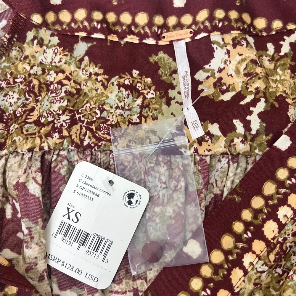 NWT Free People Run Free V-Neck Long Balloon Sleeve Chocolate Combo Size XS